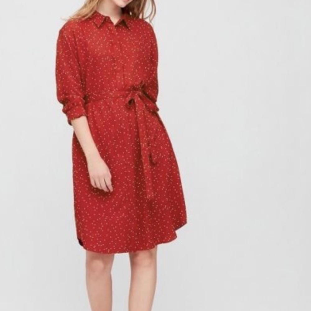 Uniqlo RED/White Polka Dots Long Sleeve Dress Buttons Down Belts attached Sz XS - Picture 1 of 16